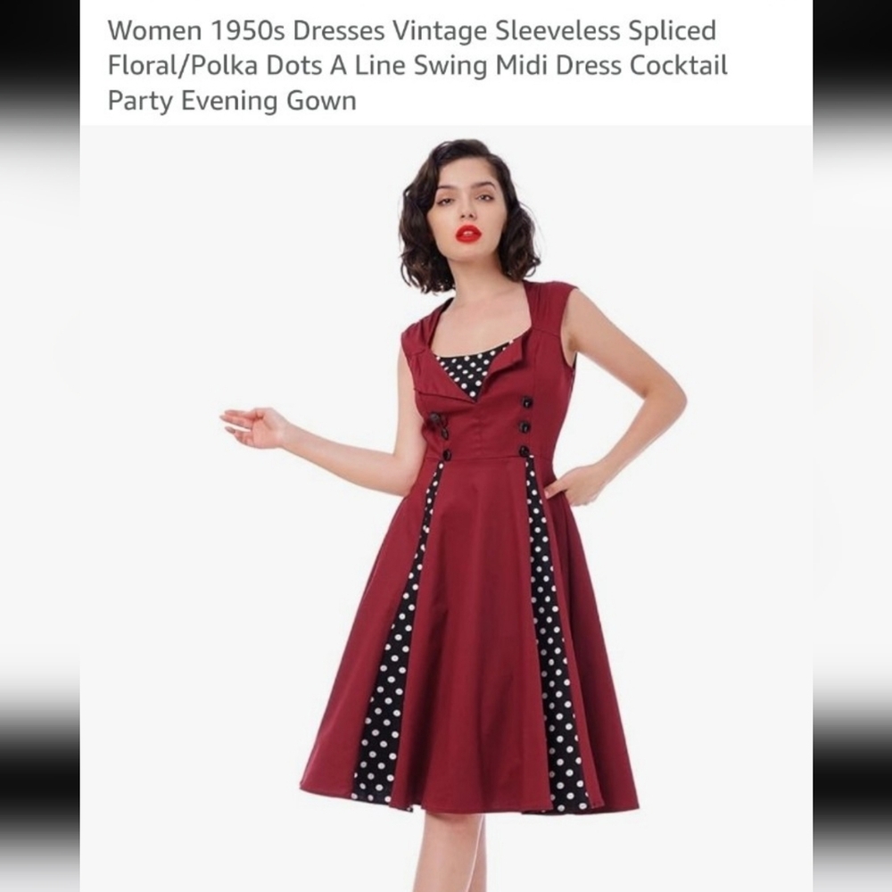 Vintage 1950s Style Cocktail Sleeveless Polka Dot A-Line Dress